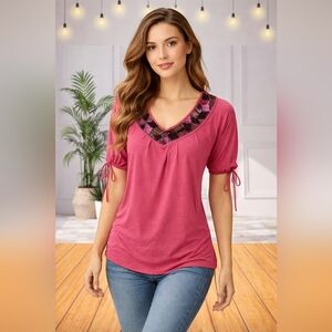 M4)  DKNY Jeans Pink Beaded V-Neck Top Size Medium